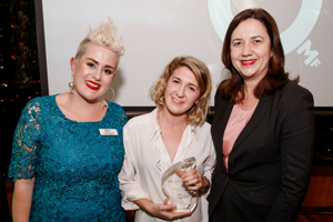 Photo (l-r): QMF Artistic Director Katie Noonan, Carol Lloyd Award Winner Georgia Potter (Moreton), and Queensland Premier and Minister for the Arts Annastacia Palaszczuk, courtesy of Jared Vethaak